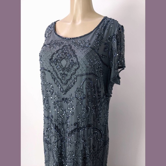 Pisarro Nights Plus Size 18W Embellished Mesh Gown In Steel Gray Blue - Picture 4 of 12